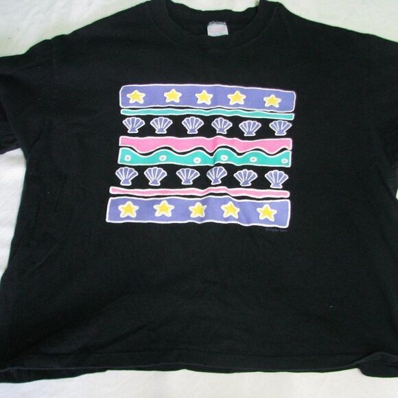 Vintage 80s Abstract Shells & Stars Neon T-Shirt - Picture 1 of 6